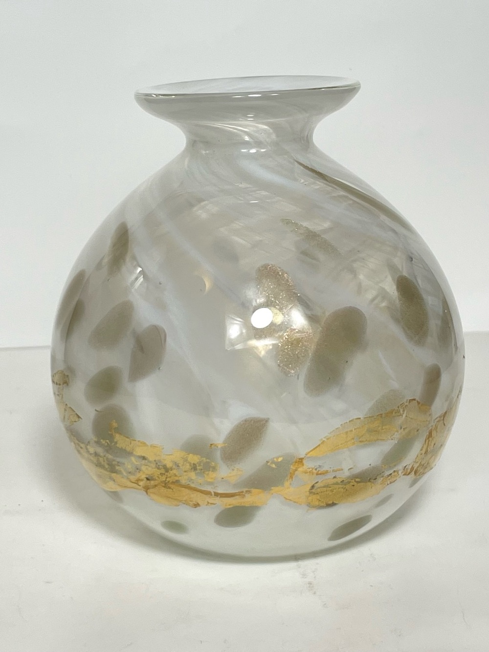 Patricia Yockey Blown Glass White Round Vase Fused Gold  Signed